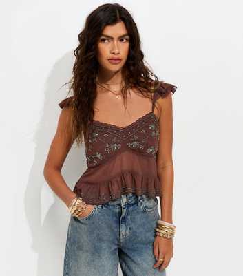 Dark Brown Beaded Chiffon Cami Top