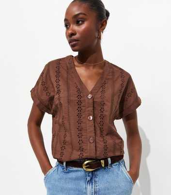 Brown Cotton Broderie Anglaise Button Through Top