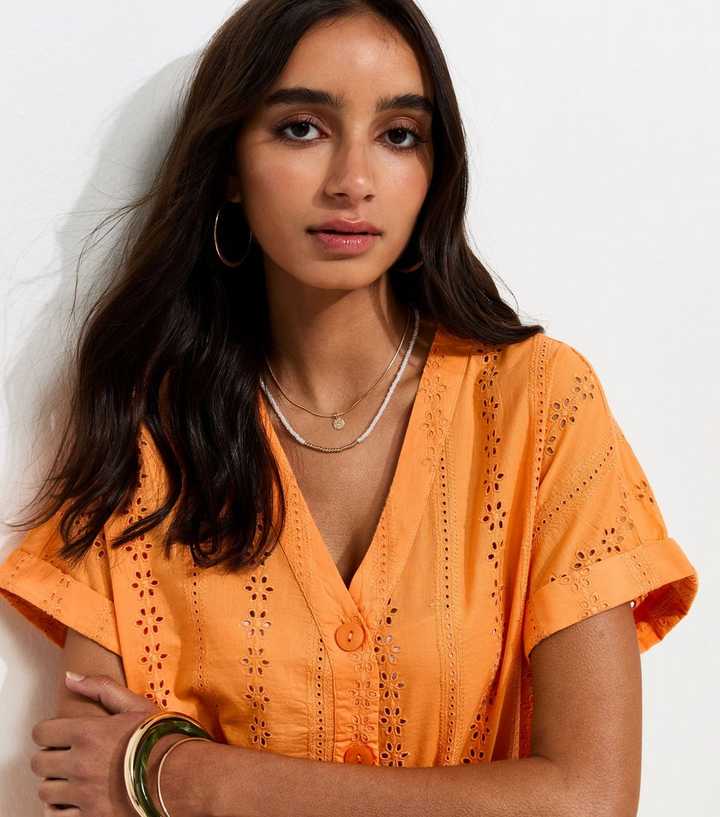 Bright Orange Cotton Broderie Anglaise Button Through Top