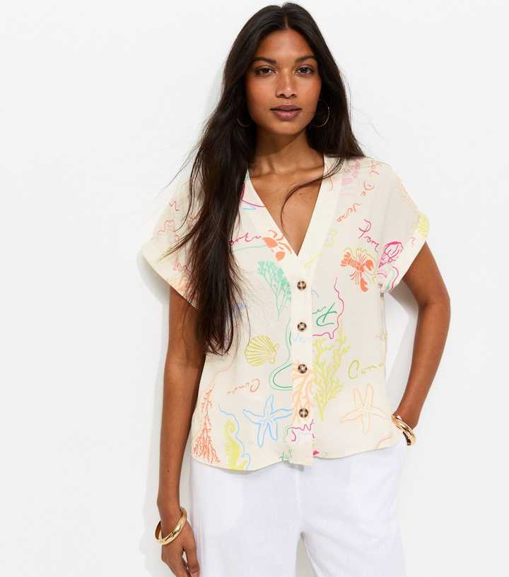Cream Shell Print Button Front Shirt