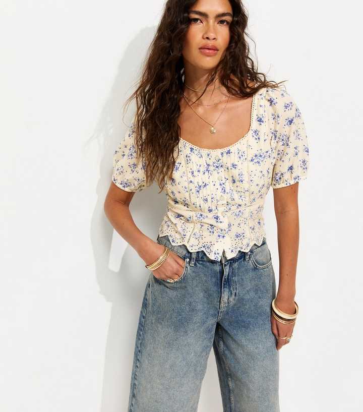 Blue Cotton Floral Puff Sleeve Milkmaid Top