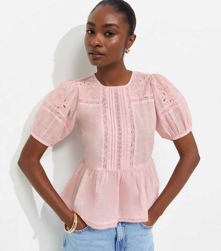 Light Pink Cotton Lace Trim Puff Sleeve Blouse