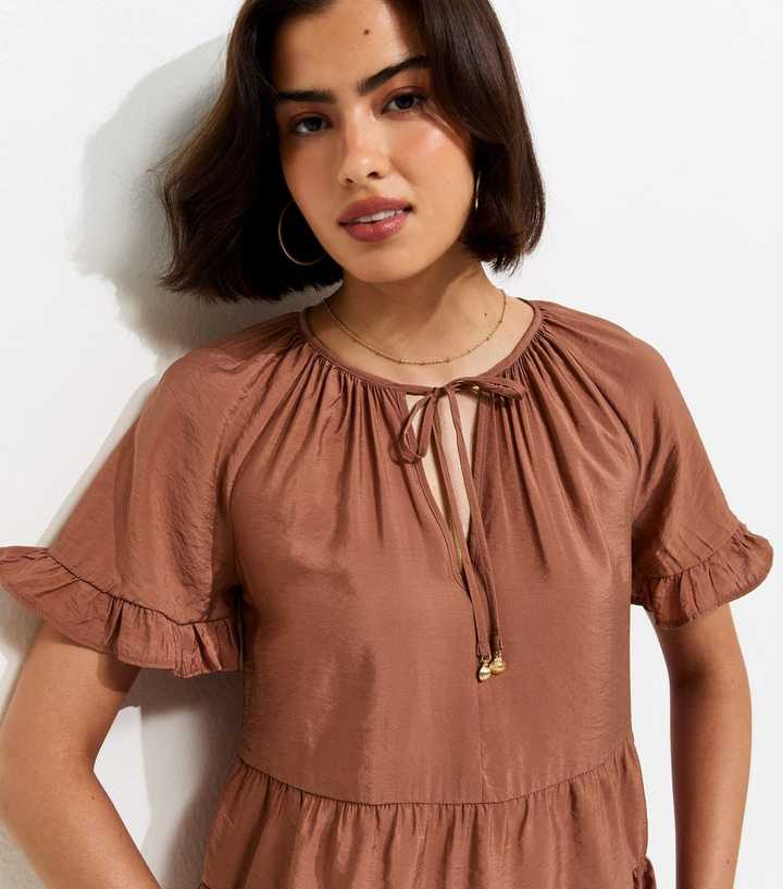 Light Brown Tiered Tie Neck Top