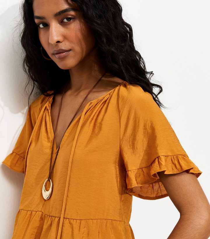 Dark Yellow Tiered Tie Neck Top