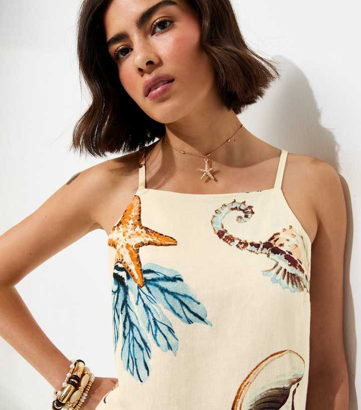 Cream Linen Rich Seahorse Print Longline Cami Top