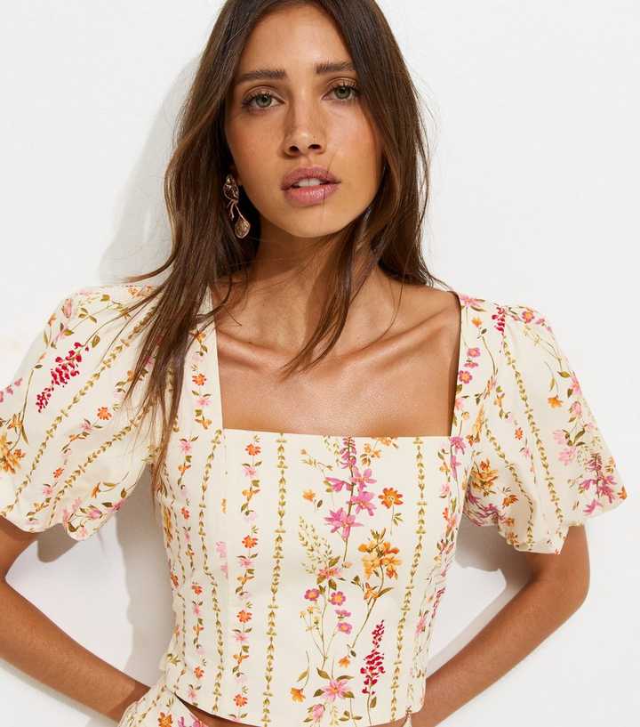 Cream Floral Print Milkmaid Top