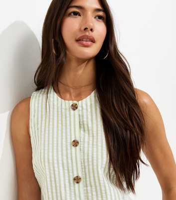 Green Cotton Seersucker Stripe Button Front Sleeveless Top