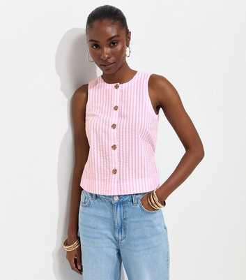 Pink Cotton Seersucker Stripe Button Front Sleeveless Top