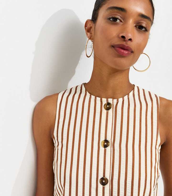 Brown Striped Seersucker Buttoned Sleeveless Top