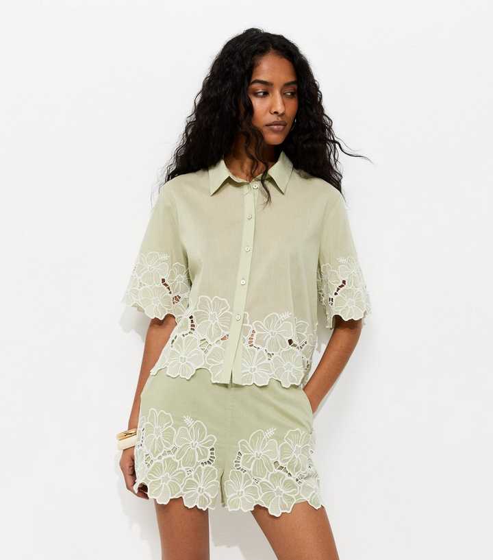 Green Cotton Flower Embroidered Cropped Shirt