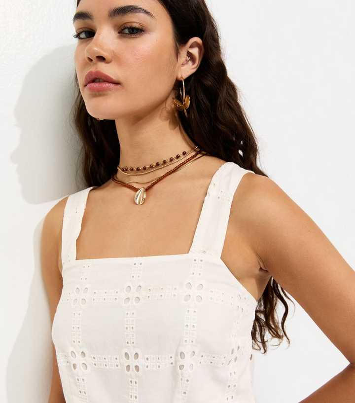 Off White Cotton Grid Lace Cropped Cami Top