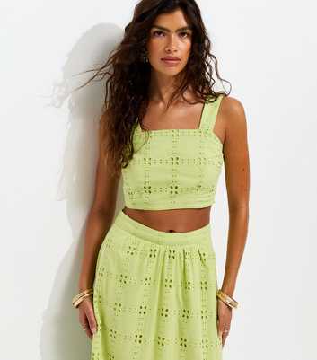 Light Green Cotton Grid Lace Cropped Cami Top