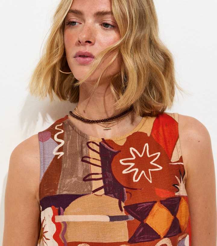 Orange Abstract Floral Print Sleeveless Top