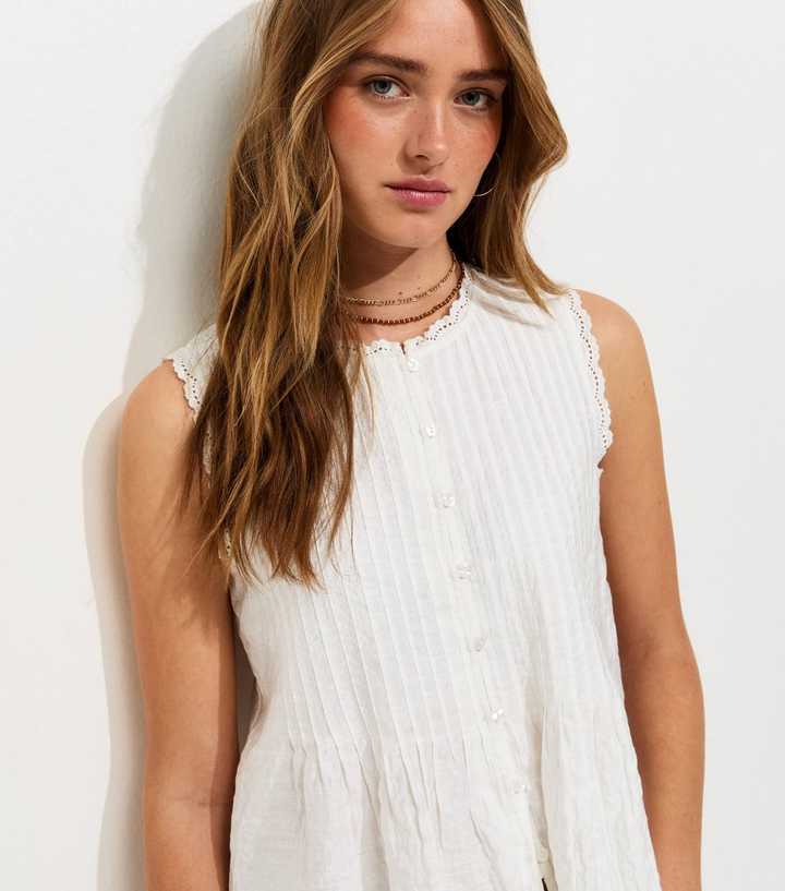White Pintuck Button Front Sleeveless Top