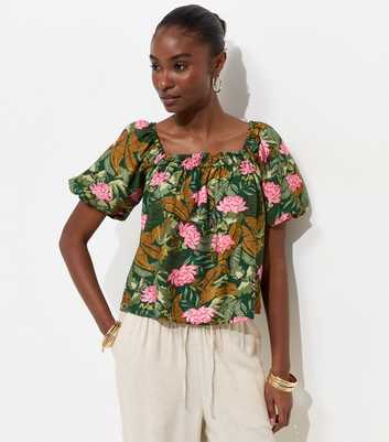 Green Lotus Print Square Neck Blouse