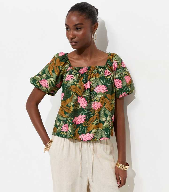 Green Lotus Print Square Neck Blouse