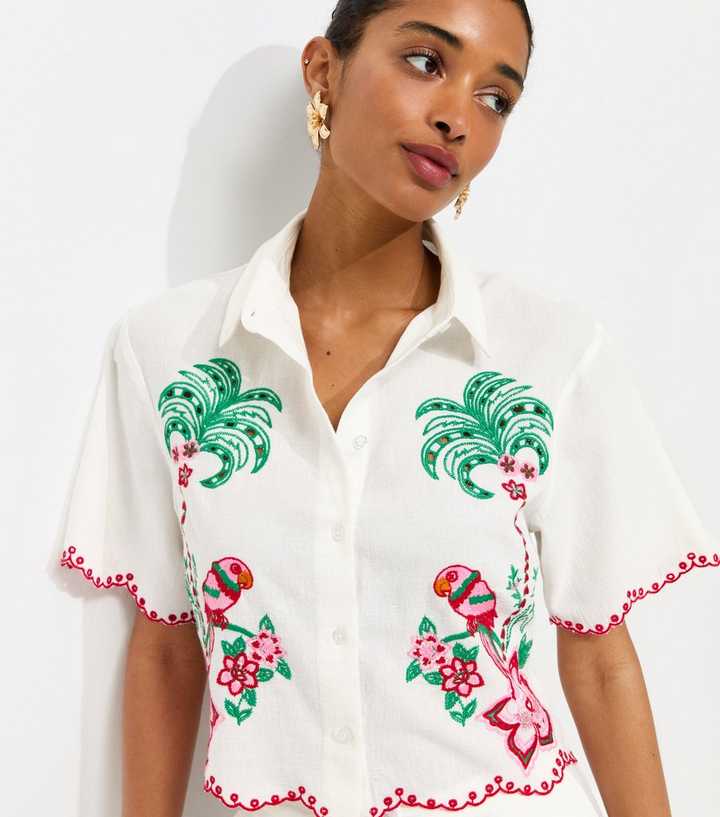 Cream Cotton Embroidered Cropped Shirt