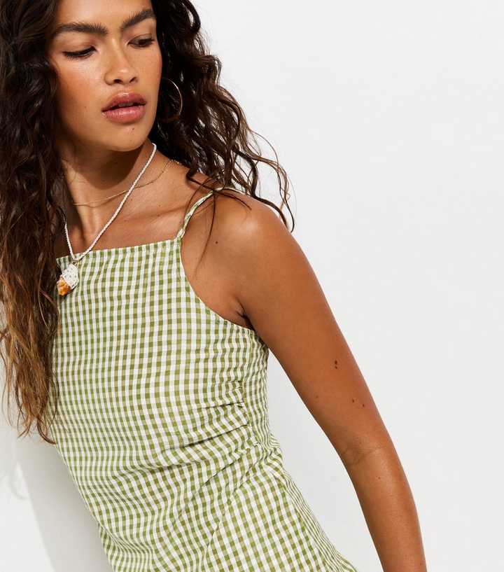 Green Gingham Print Ruched Cami Top