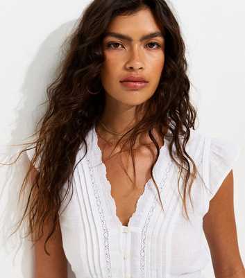 White Cotton Lace Trim Button Front Tea Top