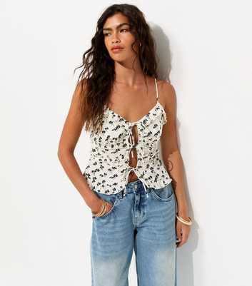 White Cotton Floral Tie Front Cami Top