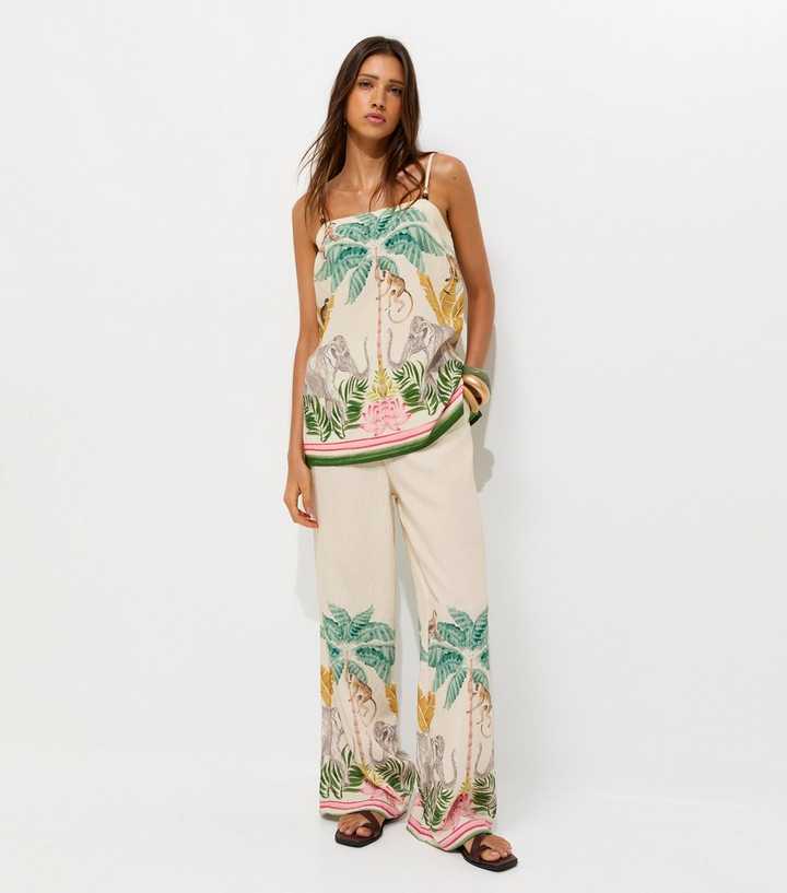 Cream Tropical Print Beaded Strap Cami Top