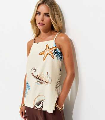 Petite Cream Linen Rich Seaside Print Longline Cami Top