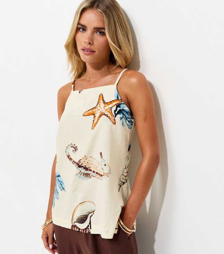 Petite Cream Linen Rich Seaside Print Longline Cami Top