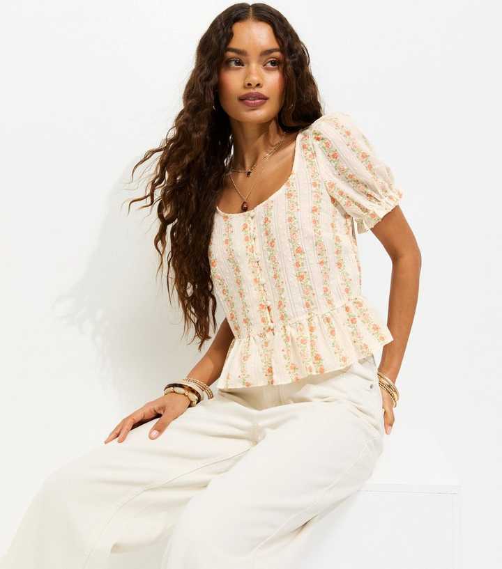 Petite White Cotton Rich Stripe Ditsy Button Tea Blouse