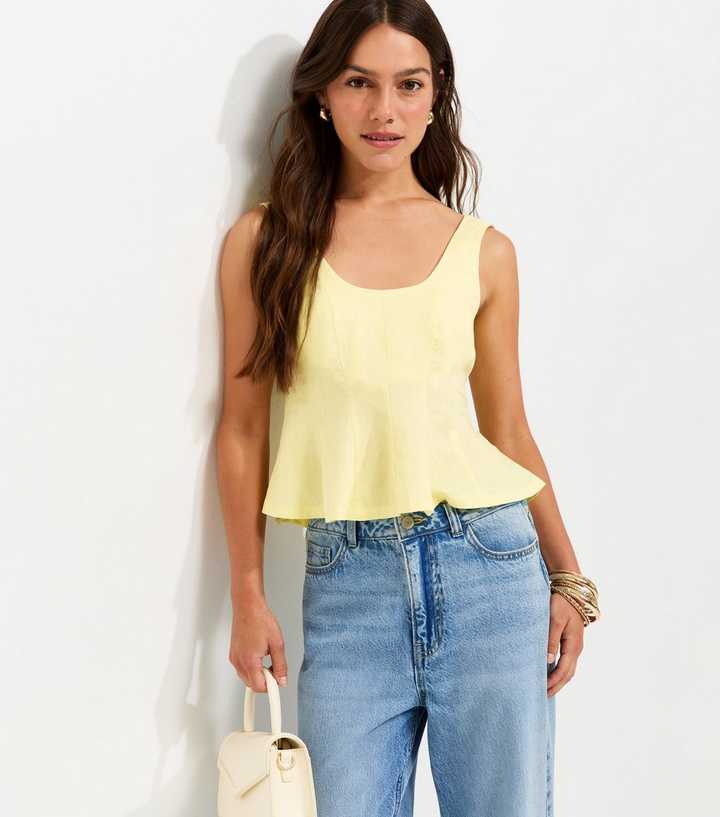 Petite Light Yellow Linen Rich Scoop Neck Top