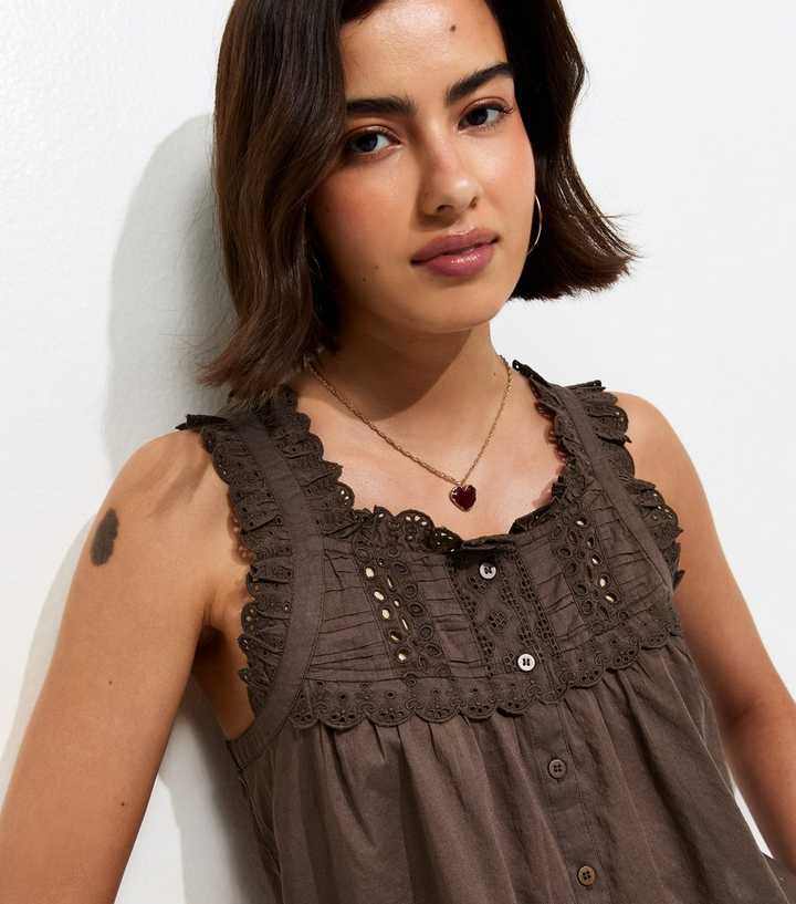 Brown Embroidered Button Front Cami Top