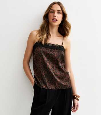 Brown Animal Print Lace Neck Cami Top