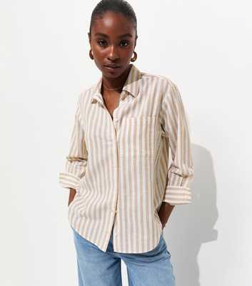 Brown Cotton Linen Striped Long Sleeve Shirt