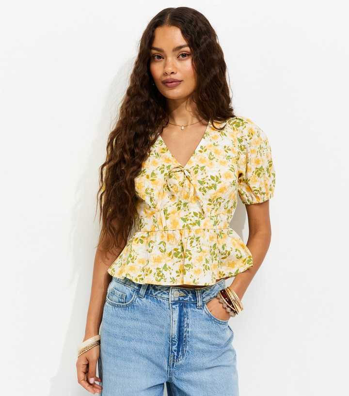 Petite Yellow Cotton Floral Puff Sleeve Peplum Blouse