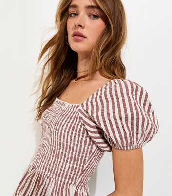 Brown Stripe Cotton Shirred Peplum Blouse