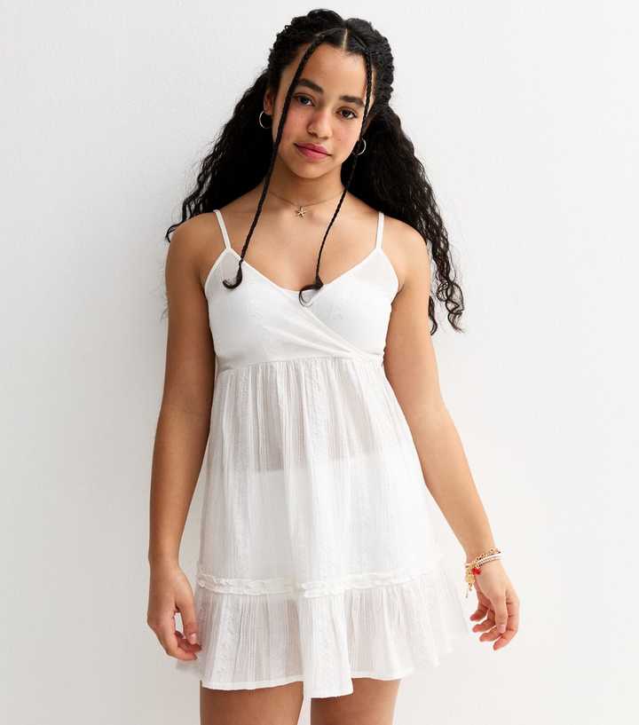 Girls White Jacquard Mini Dress