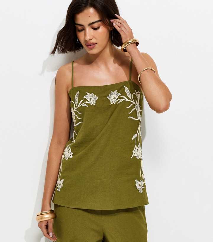 Khaki Floral Tie Side Cami Top