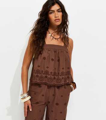 Dark Brown Cotton Broderie Embroidered Scalloped Hem Cami Top
