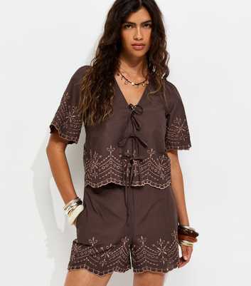 Brown Cotton Embroidered Scalloped Hem Tie Blouse