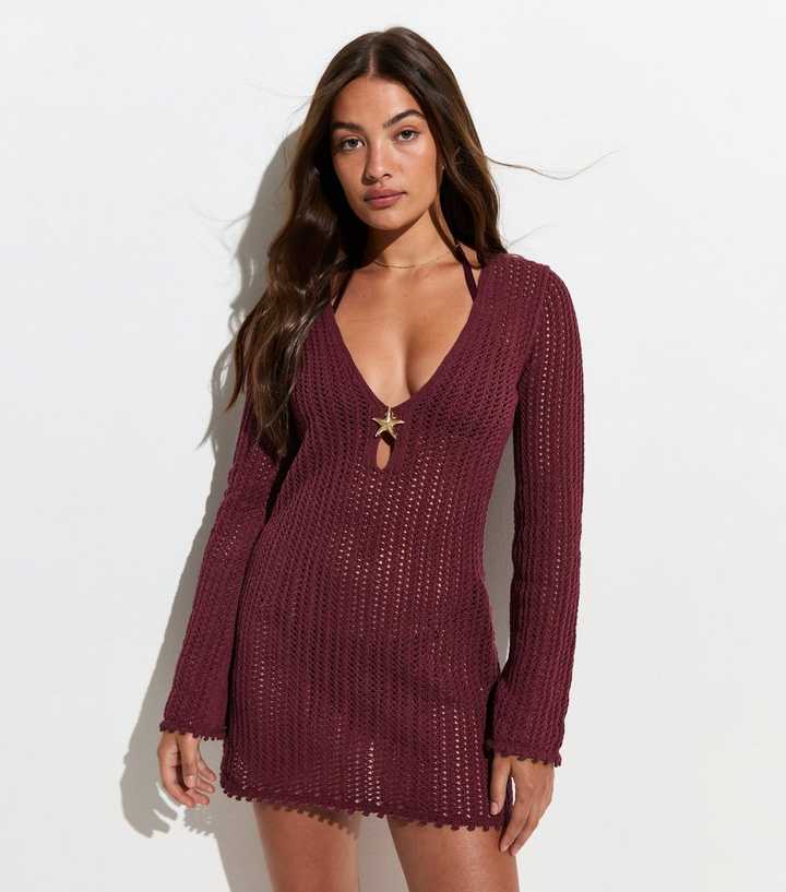 Burgundy Star Buckle Crochet Kaftan Beach Dress