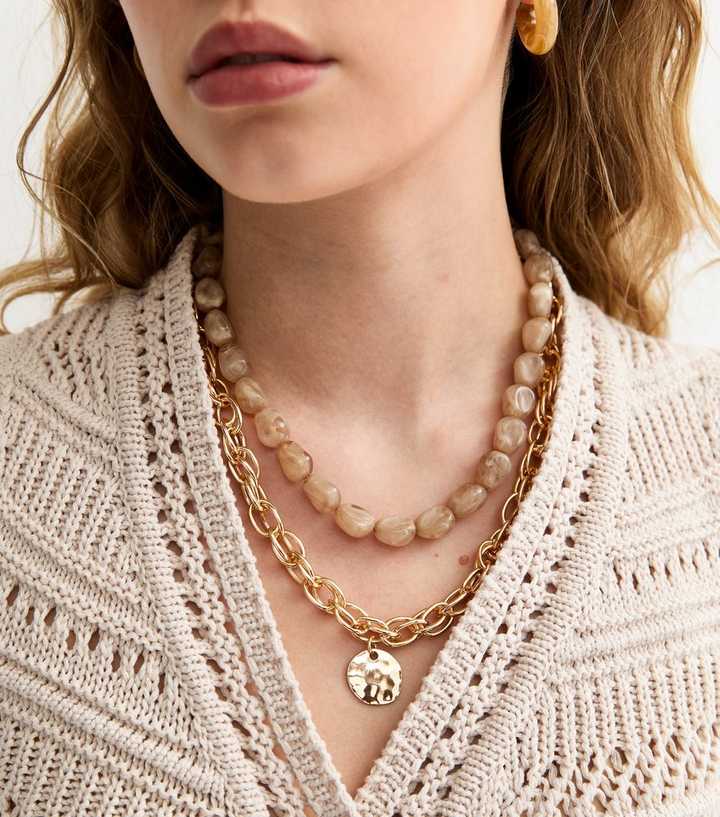 Gold Tone Layered Resin Bead Coin Pendant Necklace