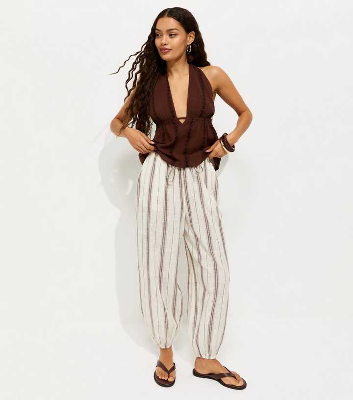 Petite Brown Cotton Woven Striped Cuffed Trousers