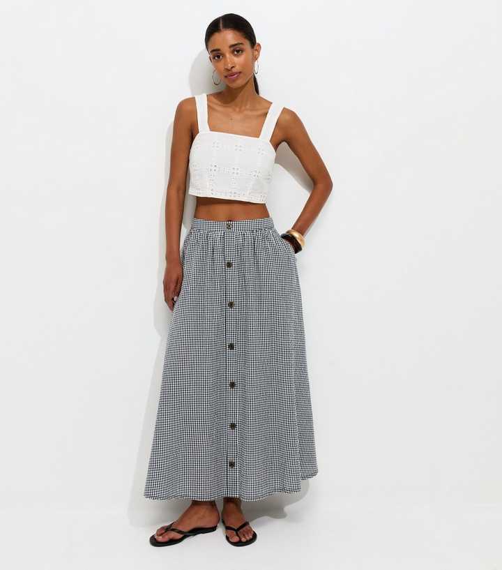 Black Gingham Button Through Midi Skirt