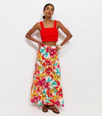 White Cotton Large Floral Print Midi Skirt