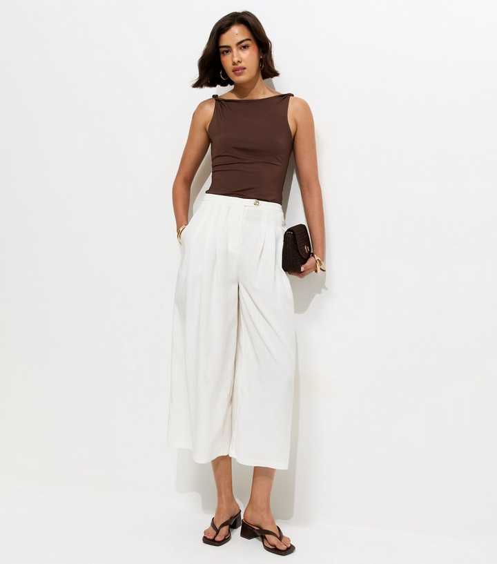 White Cropped Wide Leg Trousers
