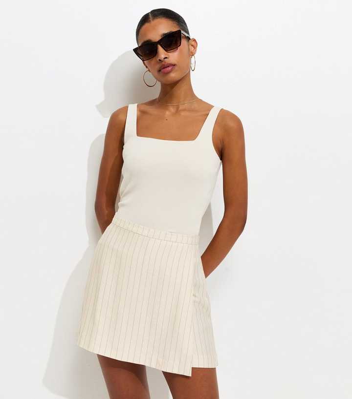 Cream Striped Tie Wrap Skort