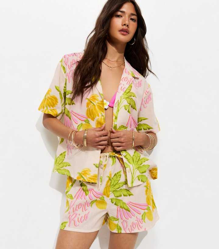 Cream Cotton Palm Print Shorts