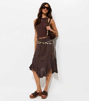 Dark Brown Woven Asymmetric Lace Insert Midi Skirt