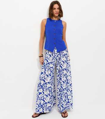 Blue Crepe Floral Print Palazzo Trousers