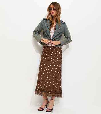 Brown Polka Dot Lace trim Midi Skirt