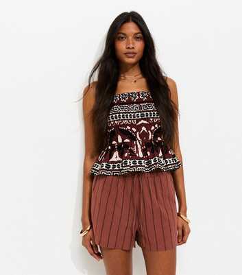 Red Cotton Rich Woven Striped Shorts